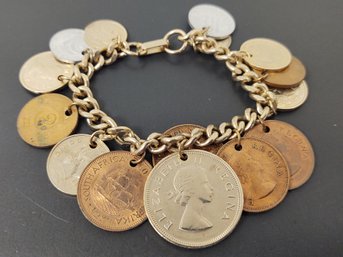 VINTAGE FOREIGN COINS CHARM BRACELET