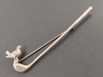 VINTAGE STERLING SILVER BIRD ON THE HEAD OF A GOLF CLUB PIN BROOCH