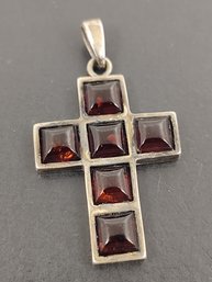 VINTAGE STERLING SILVER AMBER CROSS PENDANT