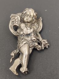 VINTAGE REPOUSSE STERLING SILVER CHERUB ANGEL BROOCH