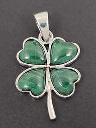 VINTAGE STERLING SILVER MALACHITE 4 LEAF CLOVER SHAMROCK PENDANT