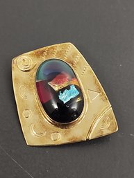 VINTAGE DESIGNER B. SUCHERMAN GOLD OVER STERLING SILVER ART GLASS BROOCH