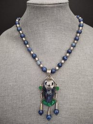 VINTAGE MEXICAN STERLING SILVER SODALITE & MALACHITE AZTEC FIGURE NECKLACE