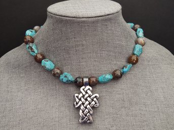 DESIGNER STERLING SILVER CELTIC CROSS JASPER & FACETED TURQUOISE BEADED NECKLACE