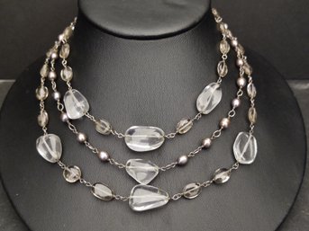 VINTAGE MULTI STRAND STERLING SILVER ROCK QUARTZ CRYSTAL & GRAY PEARL NECKLACE