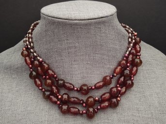 VINTAGE MULTI STRAND STERLING SILVER CARNELIAN BEADED NECKLACE