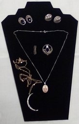 Fine Sterling Silver Collection - Clip On Earrings, Thin Chain Necklace With Pendant & Pins PW/E4