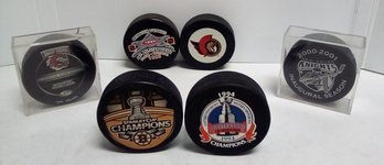 6 Vintage Hockey Pucks -  Signed Sound Tigers Official Game Puck - 1993 - 2011 Pucks LP/JB/C2