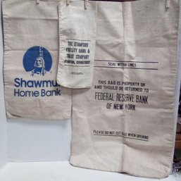 3 Vtg. Cloth Bank Bags Shawmut Home Bank, The Stamford Fidelity Bank & Trust Co & Fed Reserve Bank-NY  LC/C5