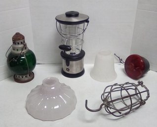 6 Piece Vintage Lot - Glass Lamp Shades, GE Portable Lantern, Metal Bulb Cover, Utility Light  BoH/52/CVBK