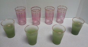 8 Vintage MCM Colored Drinking Glasses In Pink Or Green With Gilt Trim   AG/B3