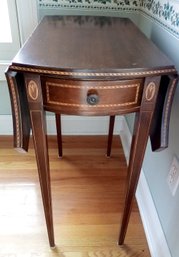 Vintage Drop Leaf Wood Table With Beautiful Marquetry Features & Long Drawer