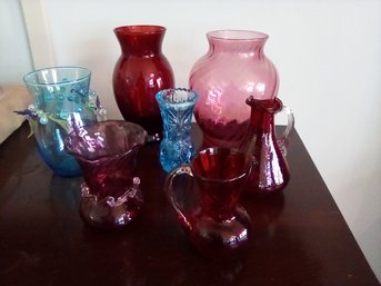 7 Piece Glass Vase & Pitcher Collection With Ruby Red, Cranberry  Swirl, Light & Darker Blue