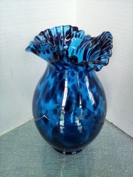 Stunning Blue & Black Spotted Art Vase With Ruffled Rim For Flowers Or As A Lovely Display Piece