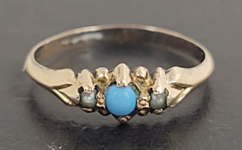 ANTIQUE VICTORIAN 14K GOLD TURQUOISE SEED PEARL BABY RING