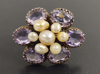 ANTIQUE VICTORIAN 14K GOLD & SILVER AMETHYST PEARL CLUSTER RING