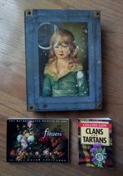 Rustic Wood Box With Child Image, Met Museum Flower Postcards & Clans And Tartans Book