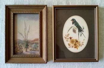 Rare Framed Flowering Yucca Made With Desert Sands & Ground Stone & Bird Print With Dried Flower Arrangement