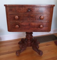 Lovely Three Drawer Sewing Cabinet With Beautiful Carvings On The Pedestal, Great Burl Veneers, Wooden Casters