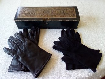 Two Pair Of Vintage 1950s/1960s Black Gloves - Leather & Suede Styles Plus Vintage Glove Box