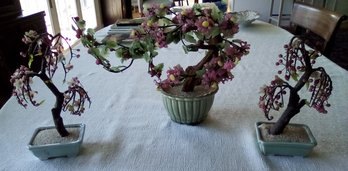 Trio Of Attractive Faux Bonsai Trees In Ceramic Planters With Glass Flowers