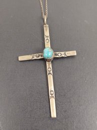 VINTAGE NAVAJO NATIVE AMERICAN STERLING SILVER TURQUOISE CROSS PENDANT NECKLACE