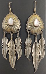 VINTAGE NAVAJO NATIVE AMERICAN STERLING SILVER MOTHER OF PEARL DANGLE FEATHER EARRINGS
