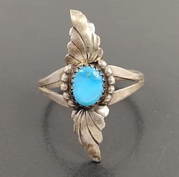 VINTAGE NAVAJO NATIVE AMERICAN STERLING SILVER TURQUOISE DOUBLE FEATHER RING