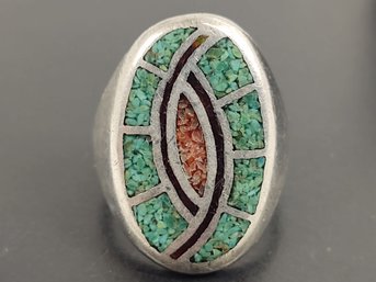 VINTAGE NATIVE AMERICAN STERLING SILVER CRUSHED TURQUOISE / CORAL INLAY RING