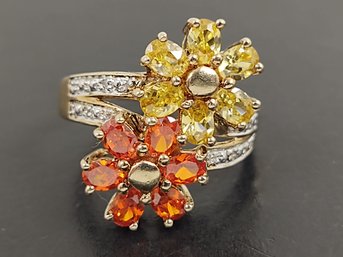 BEAUTIFUL GOLD OVER STERLING SILVER YELLOW & ORANGE CZ FLOWER RING