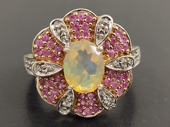 AMAZING GOLD OVER STERLING SILVER ETHIOPIAN JELLY OPAL RUBY & DIAMOND FLOWER RING