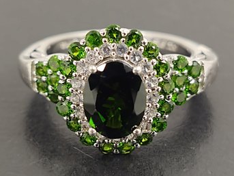 STUNNING STERLING SILVER CHROME DIOPSIDE & WHITE TOPAZ RING