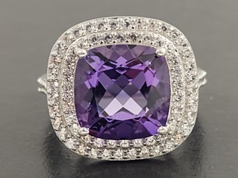STUNNING STERLING SILVER AMETHYST & WHITE TOPAZ DOUBLE HALO RING
