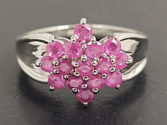 BEAUTIFUL STERLING SILVER RUBY CLUSTER RING