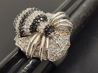 BOLD STATEMENT PIECE STERLING SILVER BLACK & CLEAR CZ SPIDER IN WEB RING