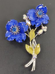 VINTAGE DESIGNER CORO BLUE ENAMEL RHINESTONE FLOWER BROOCH