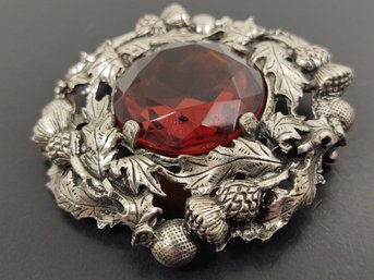 LARGE VINTAGE DESIGNER MIRACLE SCOTTISH THISTLE FAUX FACETED AMBER BROOCH