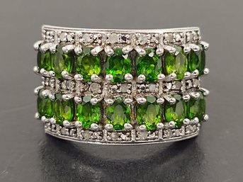 STUNNING STERLING SILVER CHROME DIOPSIDE & DIAMOND MULTI ROW RING