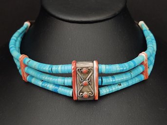 VINTAGE PUEBLO NATIVE AMERICAN STERLING SILVER TOURQUOISE CORAL / SPINY OYSTER CHOKER NECKLACE