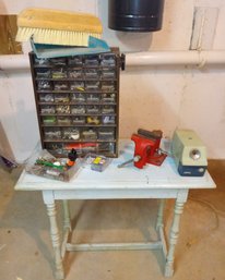 Useful Assortment Of Hardware, Bench Vise, Electric Pencil Sharpener,and Dust Pan.