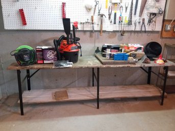 Useful 8 Ft Long Workshop Bench- Wood Top, One Shelf, Metal Frame