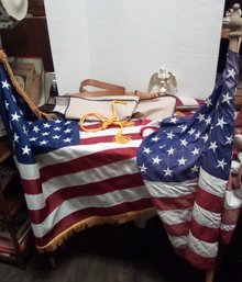 2 US Flags, Storage Bag, Polymer Eagle Topper, Leather Holder For Parade Procession & Gold Cord SW/CVBKB