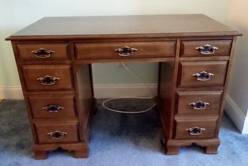 Wood Desk With 7 Drawers And Brass Hardware