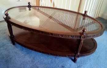 Glass Topped Caned Wood Coffee Table With Underside Shelf