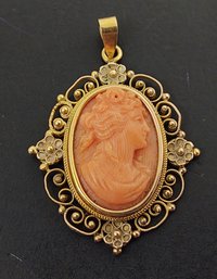 STUNNING ANTIQUE VICTORIAN 14K GOLD NATURAL CORAL CARVED CAMEO PENDANT