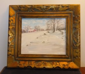 Nice Vintage Oil On Canvas Painting Of A Winter Scene With Signed By The Artist With Lovely Wooden Decorative