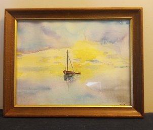 Beautiful Water Color Painting Initialed By The Artist Of A Sailboat On The Water.