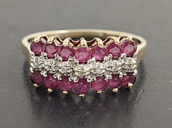 VINTAGE 10K ROSE GOLD RUBY & DIAMOND ROWS RING