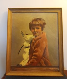 Beautiful Oil On Artist Board Painting Of Little Girl And Dog Signed By The Artist