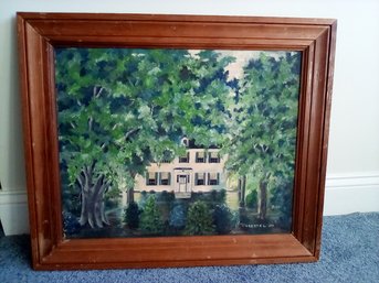 Captivating Oil Painting Of Home Enclosed In Shaded Property, Signed By Family Artist Pretchtel '50